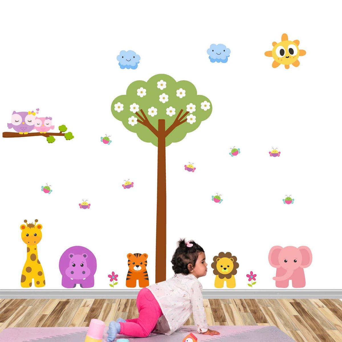 GENERICO - Vinilo Infantil Arbol safari rosa decoracion para niñas