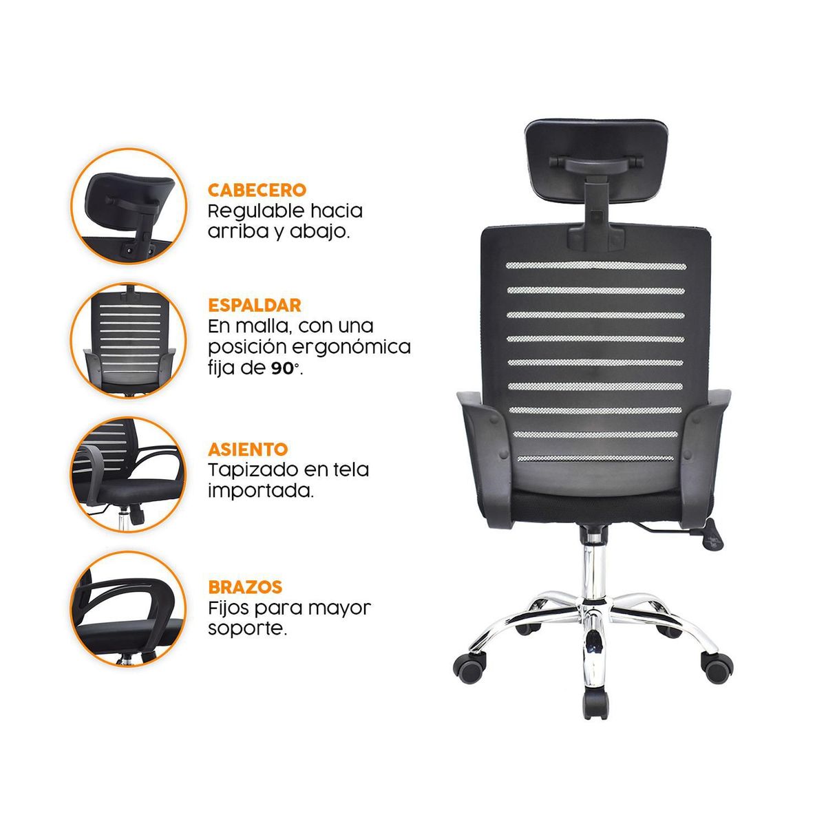 BONNO - Silla De Escritorio Lux Negro Con Cabecero Bonno