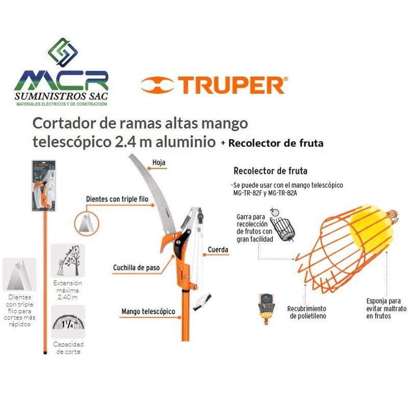 TRUPER - Cortador de ramas altas mango telescópico 2.4m aluminio 18409 + recolector de fruta truper