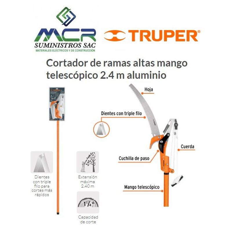 TRUPER - Tijera para podar ramas con mango telescópico 2.4 m aluminio 18409 truper