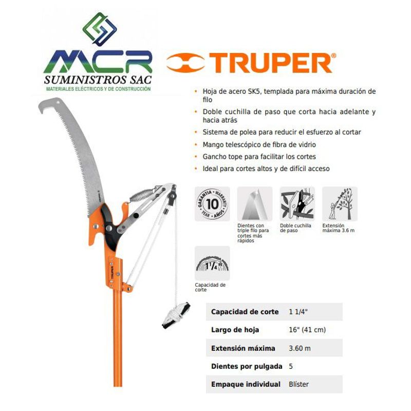 TRUPER - Tijera para podar ramas con mango fibra de vidrio 3.60 m aluminio truper