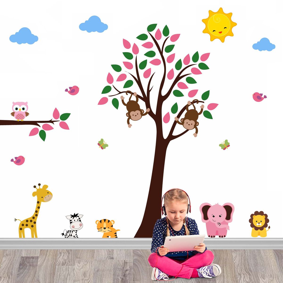 GENERICO - Vinilo Infantil Rosa Arbol safari decoracion para niños