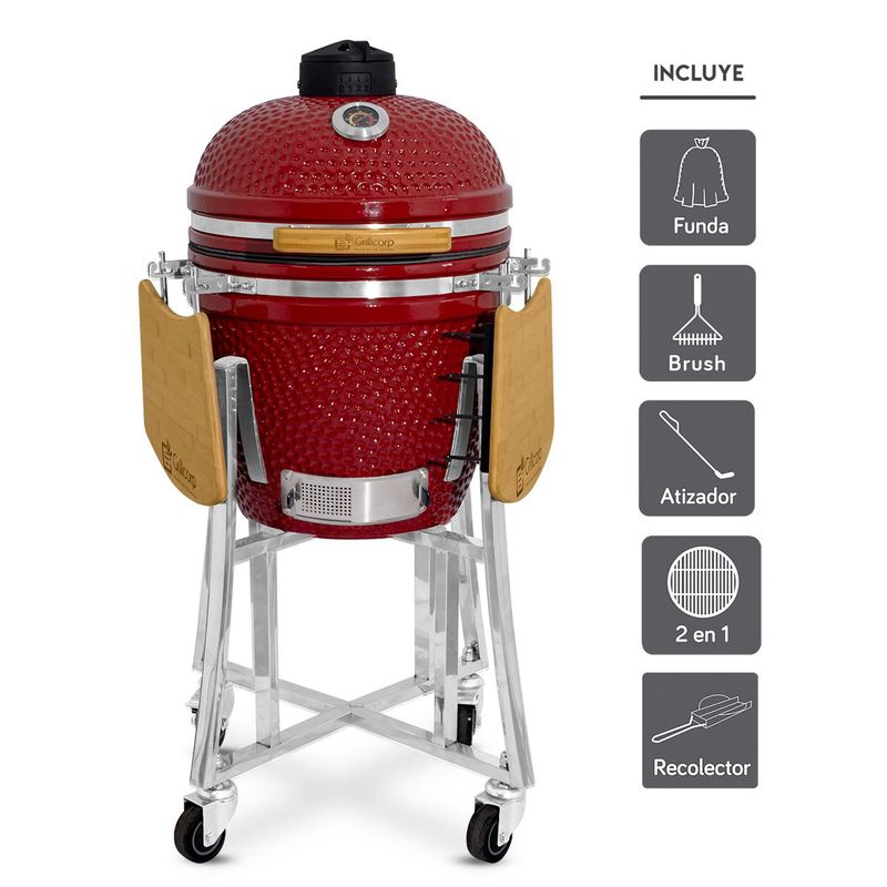 GRILLCORP - Kamado Clásico 18 Rojo con Divide and conquer de 2 niveles-