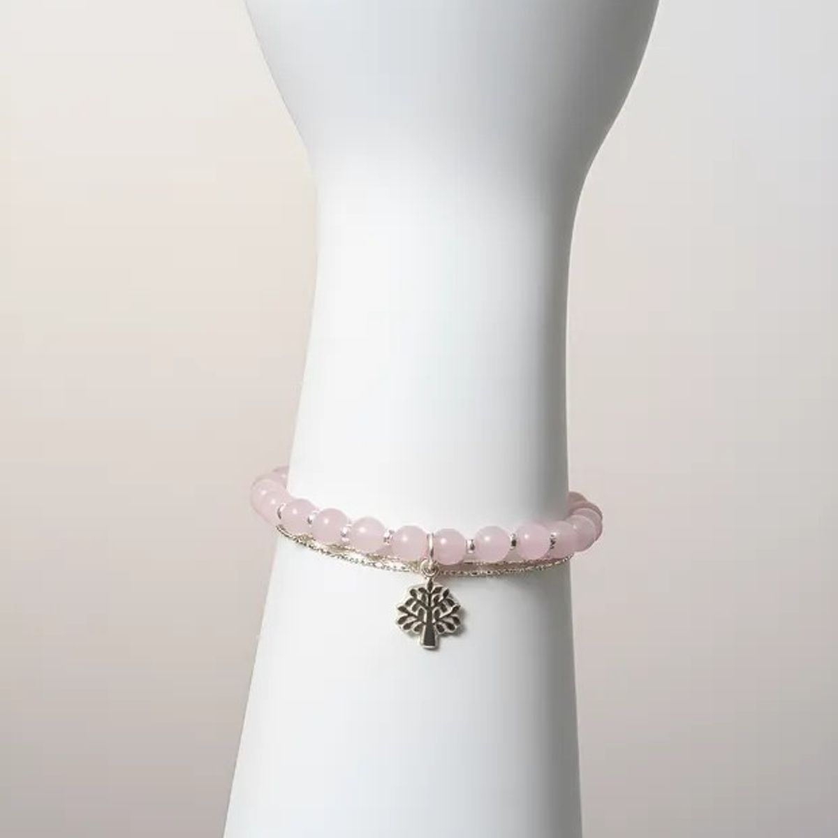GENERICO - Pulsera de Plata con Piedras Cuarzo Rosado y Dije Árbol de la Vida