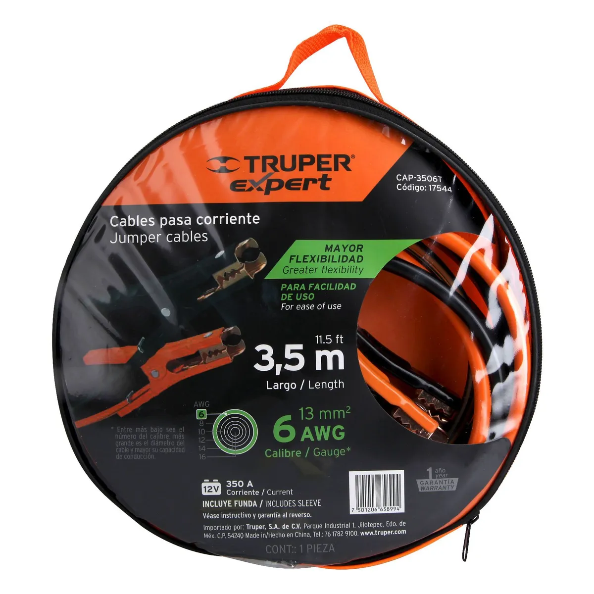 TRUPER - Cables Pasa Corriente De Bateria 6 Awg 3.5 Mts Con Funda