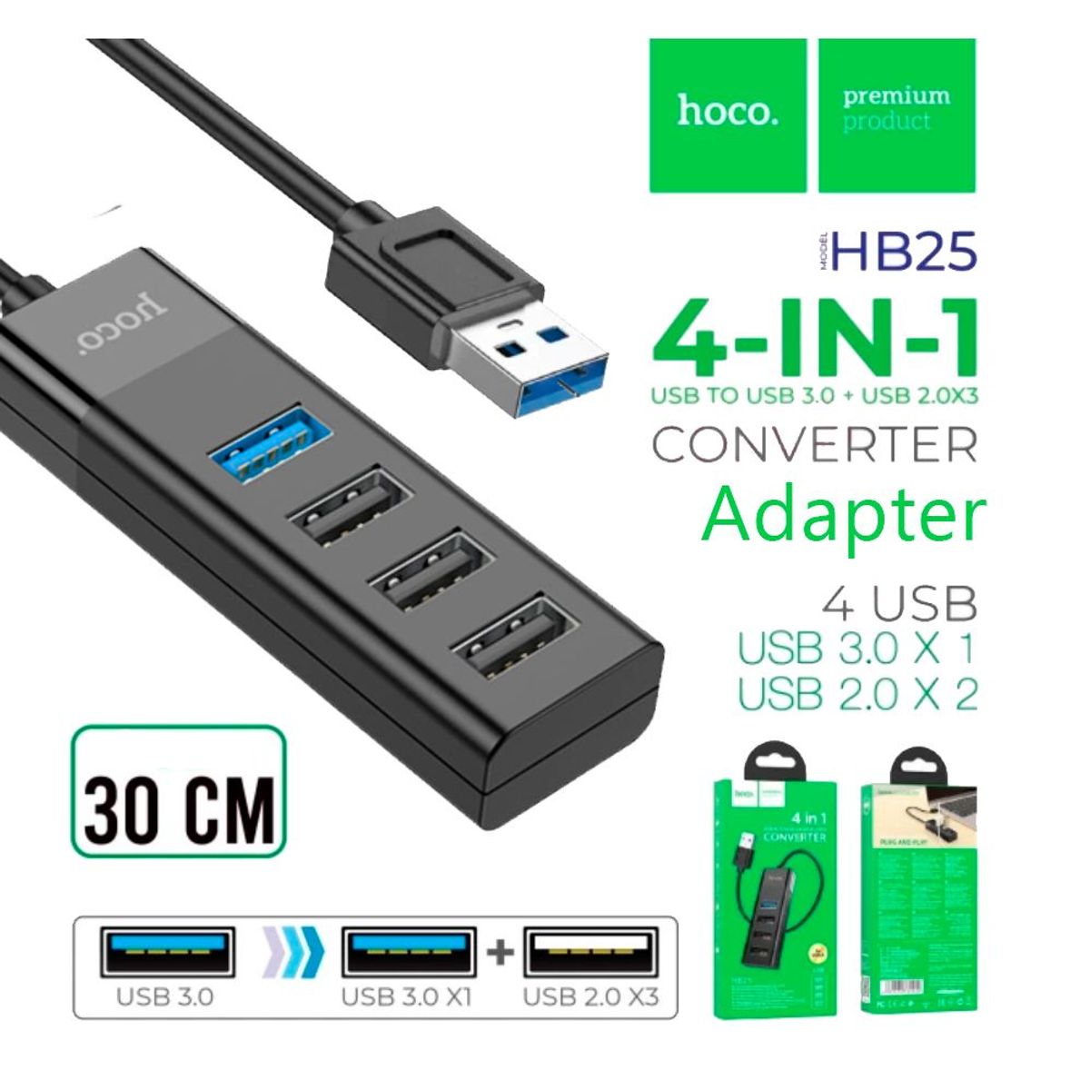 HOCO - HUB Adaptador Tipo C USB 4 EN 1 Convertidor Mulipuerto HOCO HB25