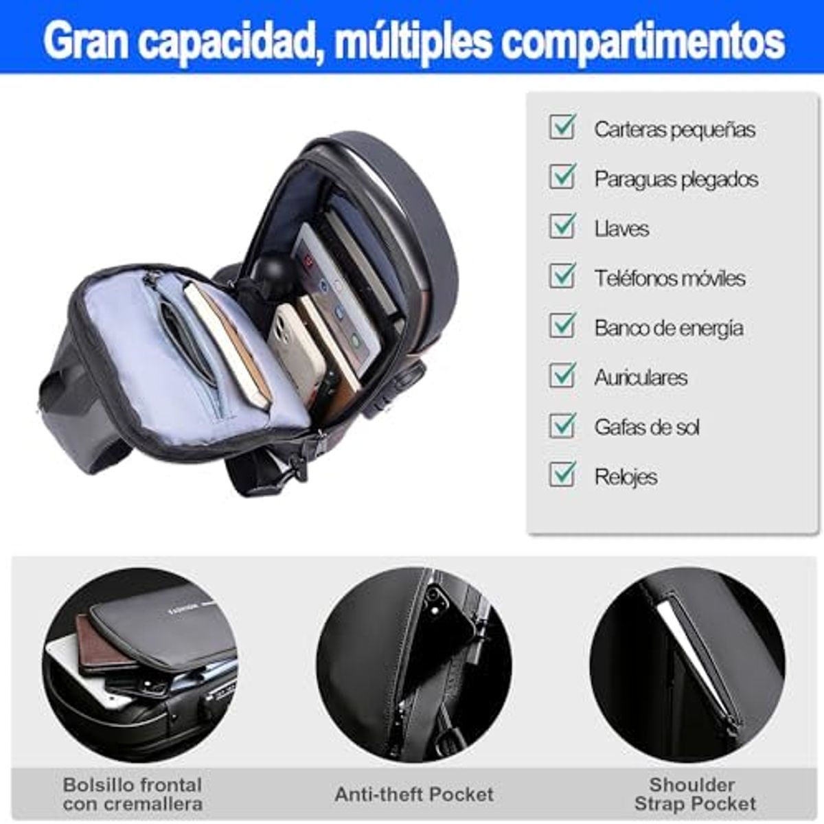 GEN - Pechera morral para hombre elegante de alta calidad Gris