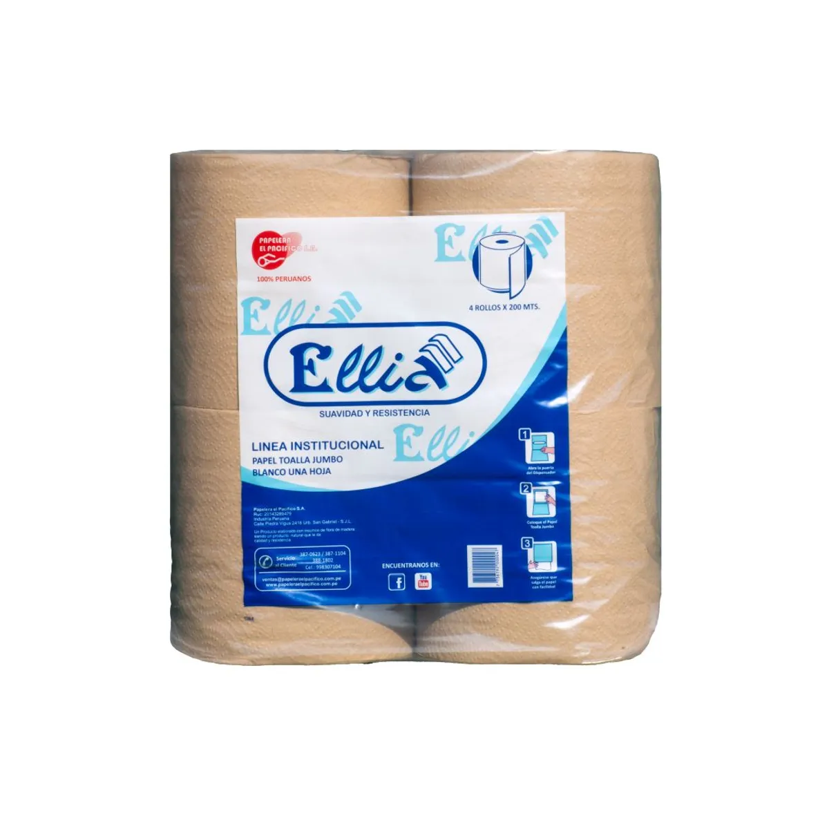 ELLIA - Papel Toalla Jumbo Ecológico 4 rollos x 200 m