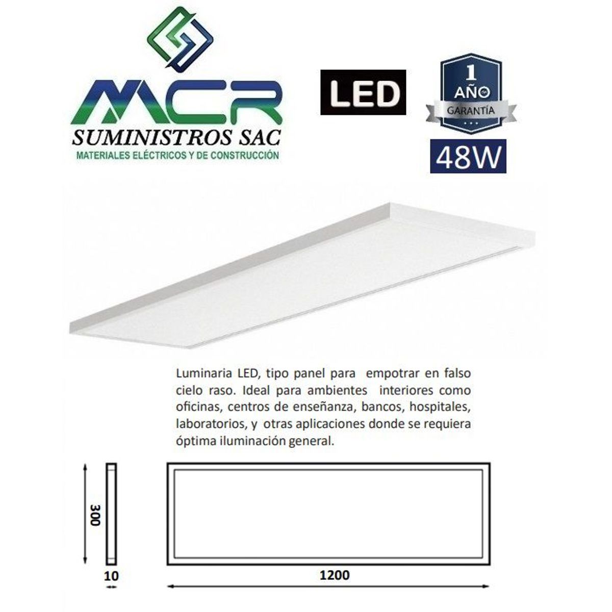 GENERICO - LED PANEL PARA EMPOTRAR 48W 120X30 cm  6500K LUZ BLANCO FRIO