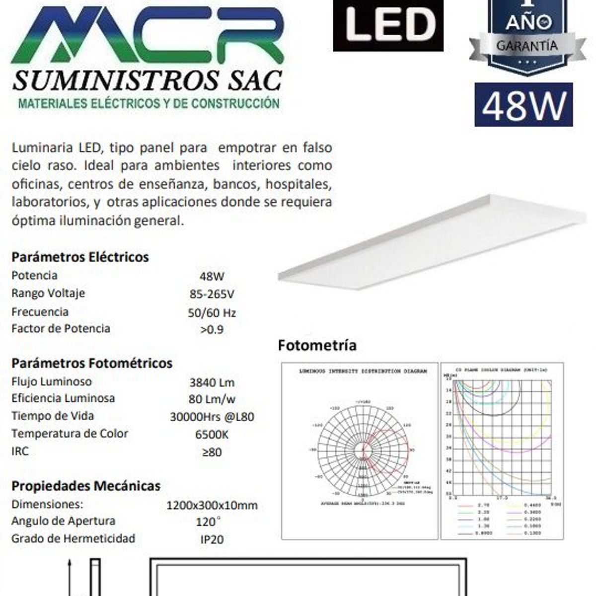GENERICO - LED PANEL PARA EMPOTRAR 48W 120X30 cm  6500K LUZ BLANCO FRIO