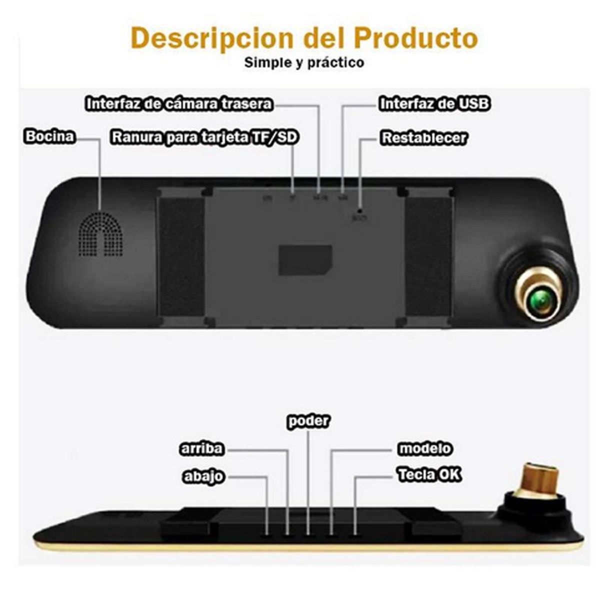 GENERICO - Espejo Retrovisor Con Camara Delantera Trasera Vision Nocturna Auto