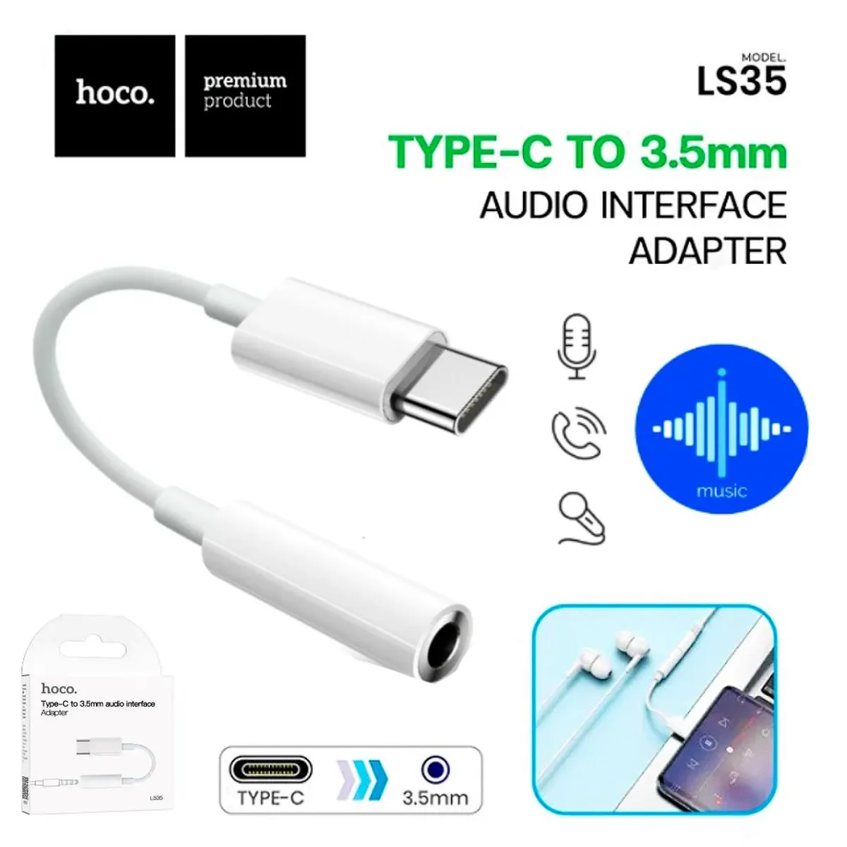HOCO - Adaptador Tipo C a Audifono Jack de 3,5 mm  Blanco HOCO LS35