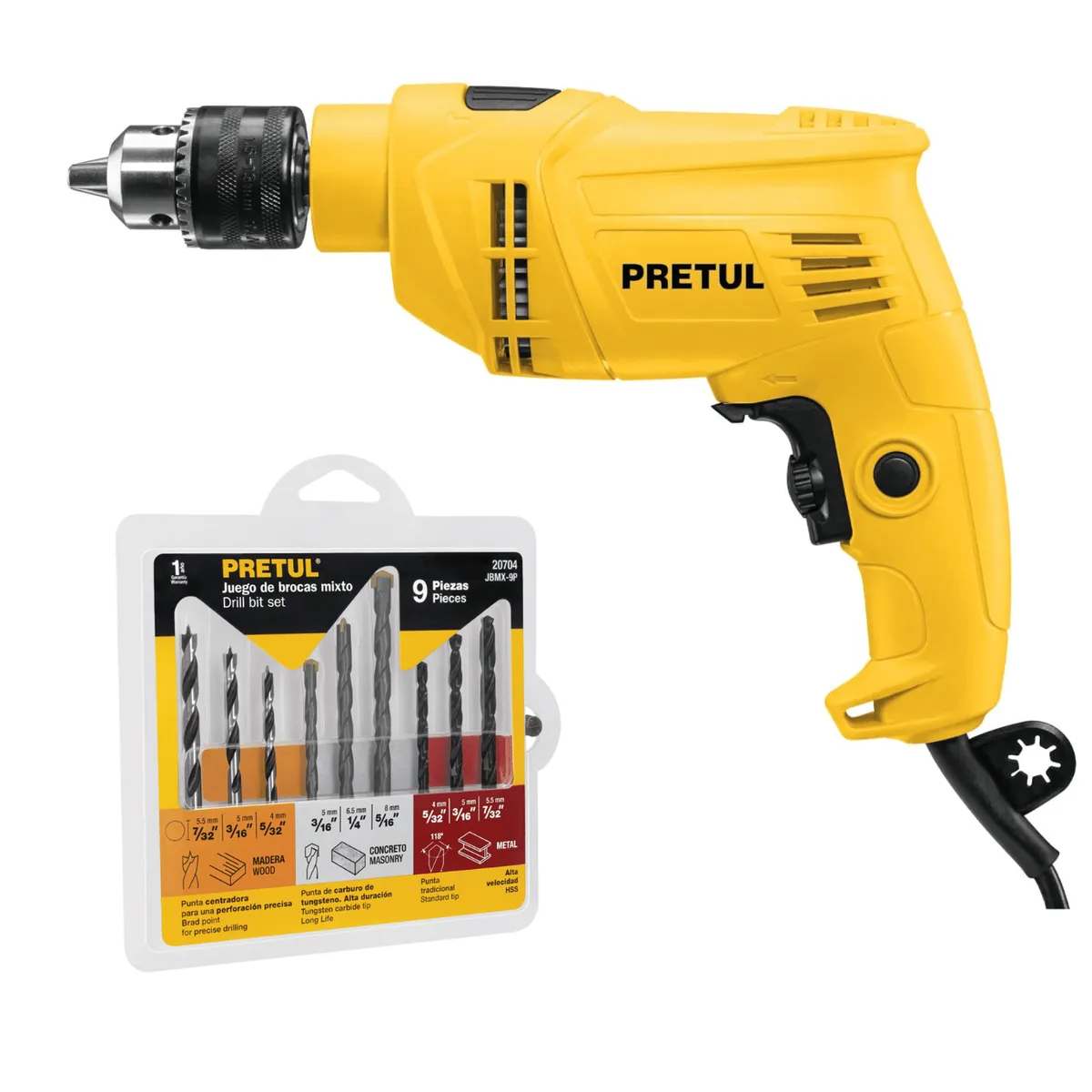 PRETUL - Taladro Percutor 550W 1/2 + Juego de 9 brocas Pretul