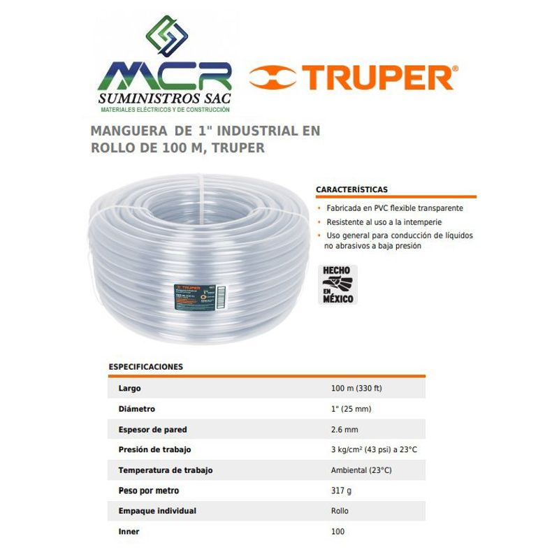 TRUPER - Manguera industrial transparente de 1" rollo 100 metros 19871Truper