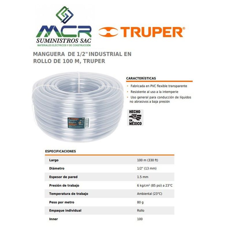 TRUPER - Manguera industrial transparente 1/2" rollo 100 metros 19868 Truper