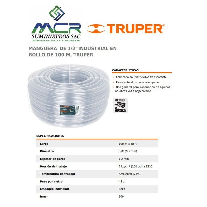 TRUPER - Manguera industrial transparente 3/8" rollo 100 metros 19867 Truper
