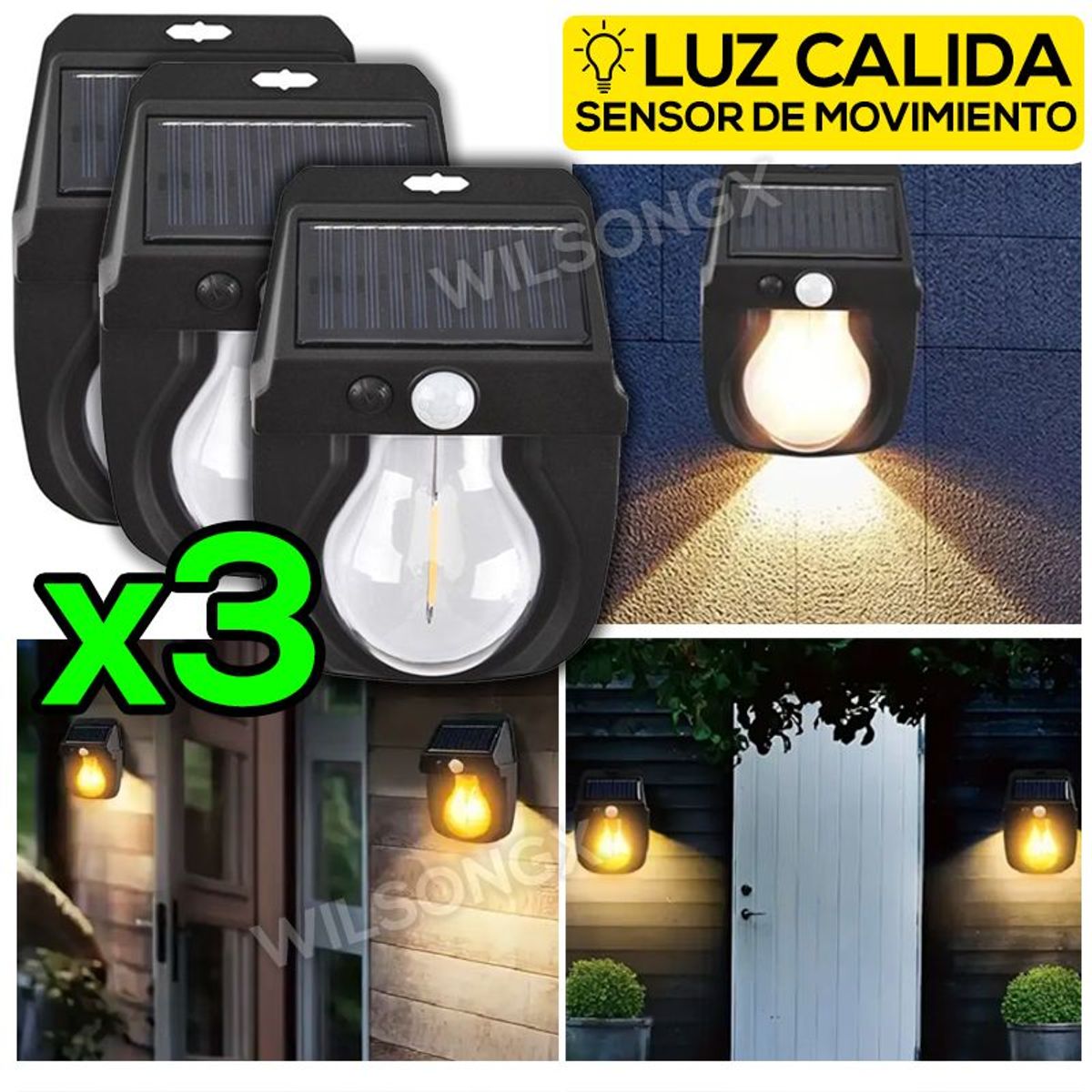 GENERICO - Combo 3 Lámpara Foco Luz Led Solar con Sensor Movimiento Recargable