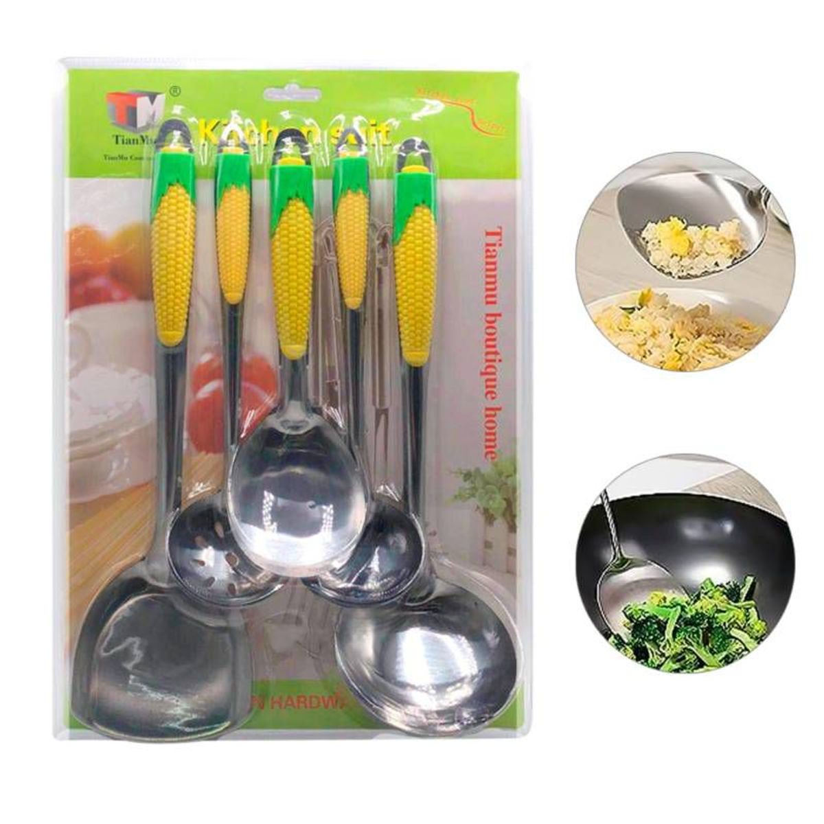 GENERICO - Kit Juego De 5 Cucharas Cucharones De Cocina Modelo Maíz