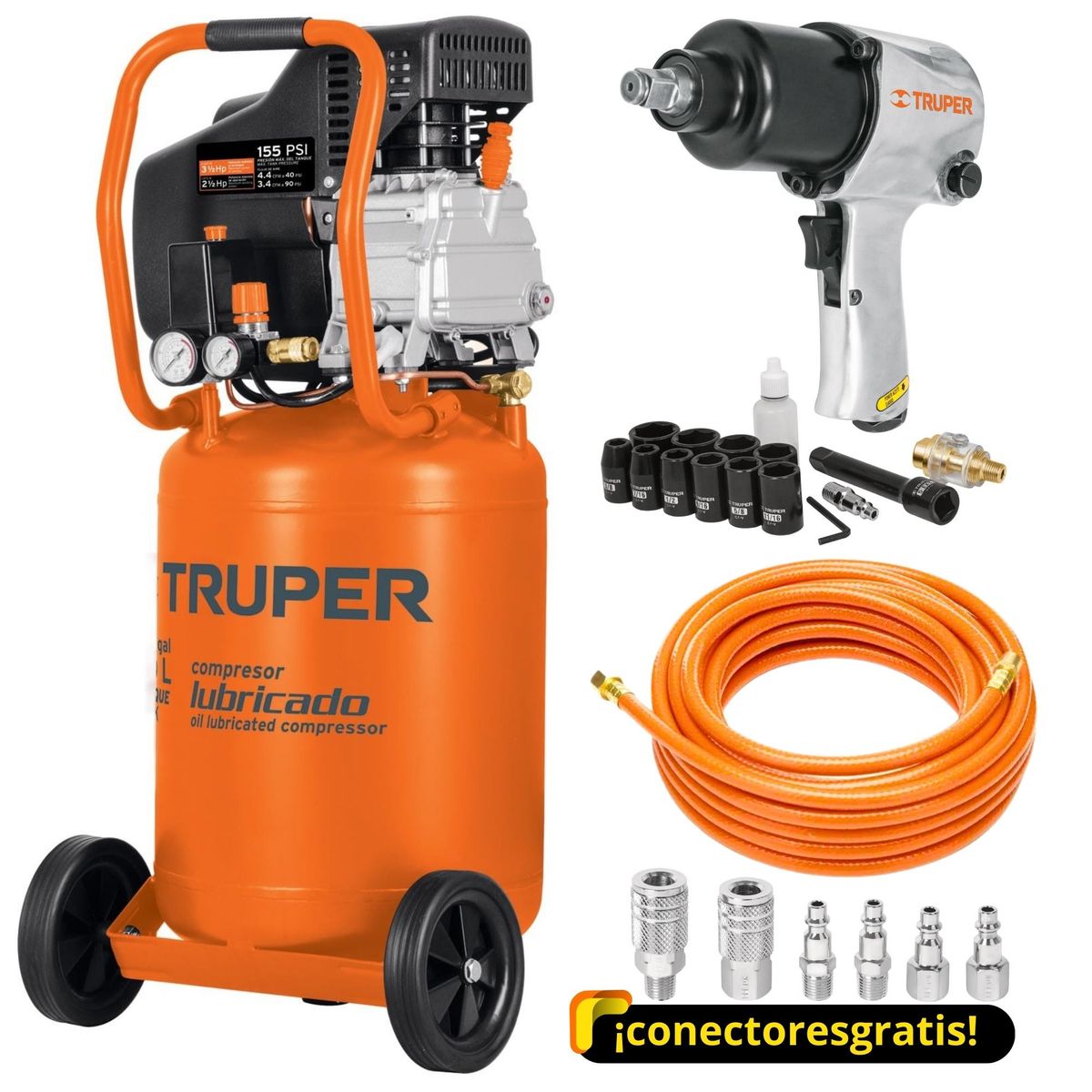TRUPER - Compresora de aire vertical 50L Kit taladro neumático llave de impacto