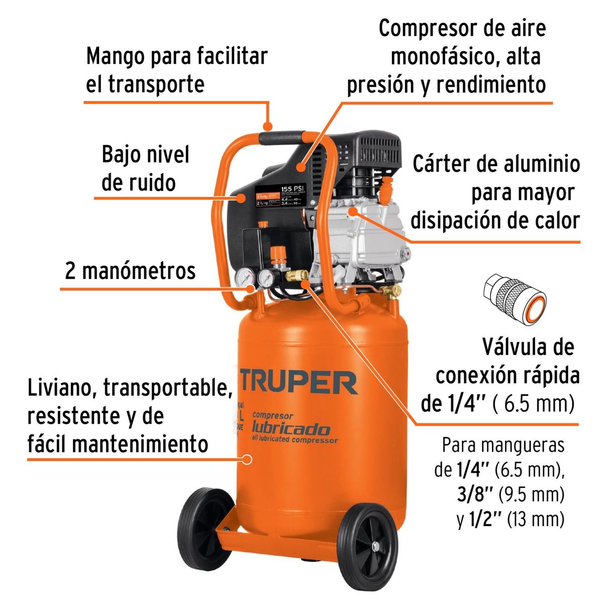 TRUPER - Compresora de aire vertical 50L Kit taladro neumático llave de impacto