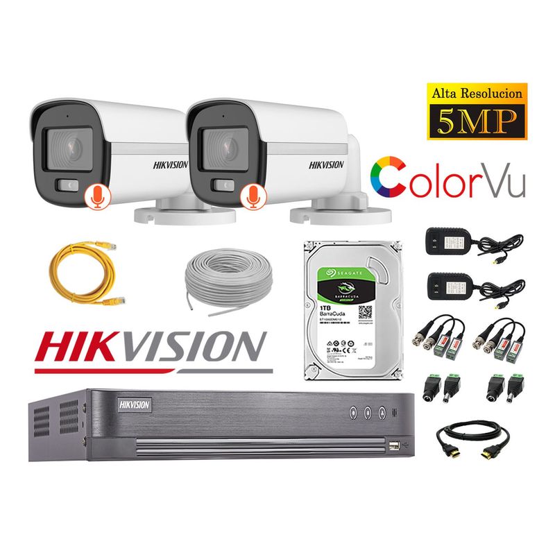 HIKVISION - CÁMARAS SEGURIDAD EXTERIOR KIT 2  5MP + DISCO 1TB COLORVU