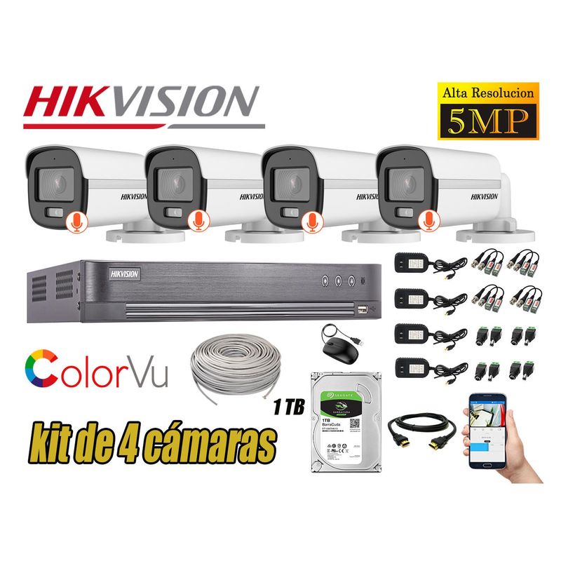 HIKVISION - CÁMARAS SEGURIDAD EXTERIOR KIT 4  5MP + DISCO 1TB COLORVU