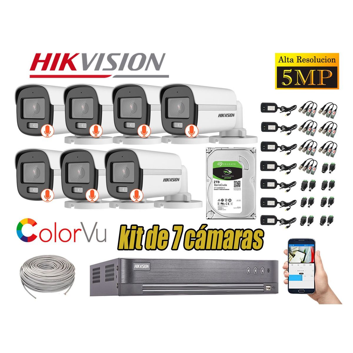 Hikvision - CÁMARAS SEGURIDAD EXTERIOR KIT 7  5MP + DISCO 2TB COLORVU