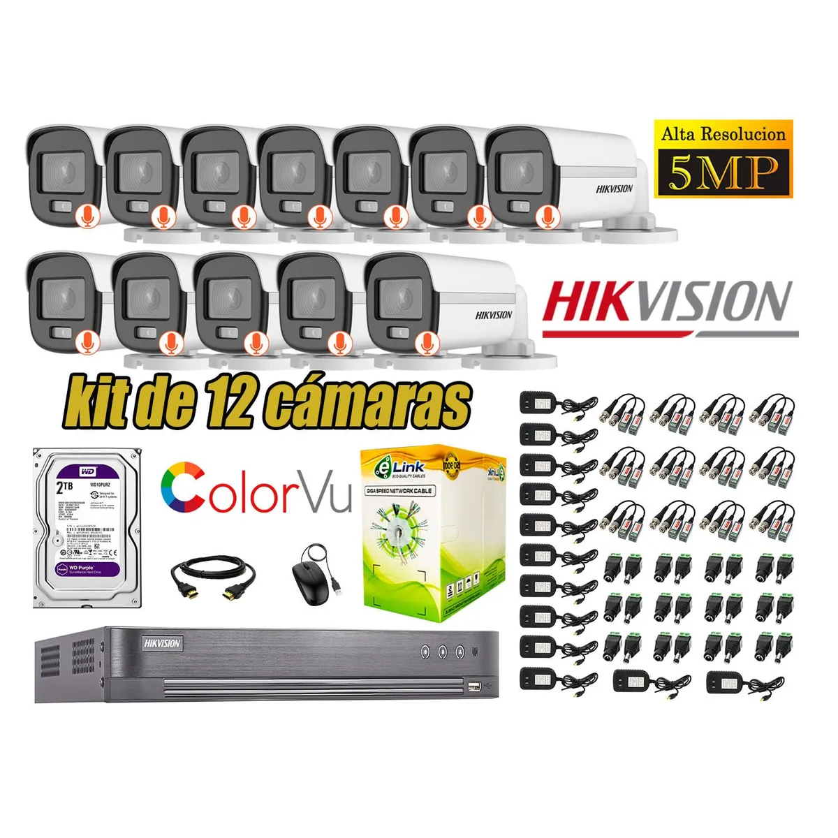 HIKVISION - CÁMARAS SEGURIDAD EXTERIOR KIT 12  5MP + DISCO 2TB COLORVU