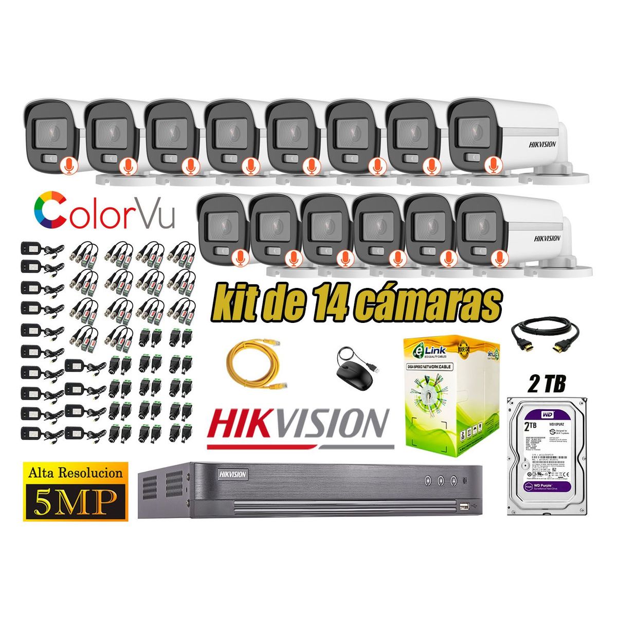 HIKVISION - CÁMARAS SEGURIDAD EXTERIOR KIT 14  5MP + DISCO 2TB COLORVU