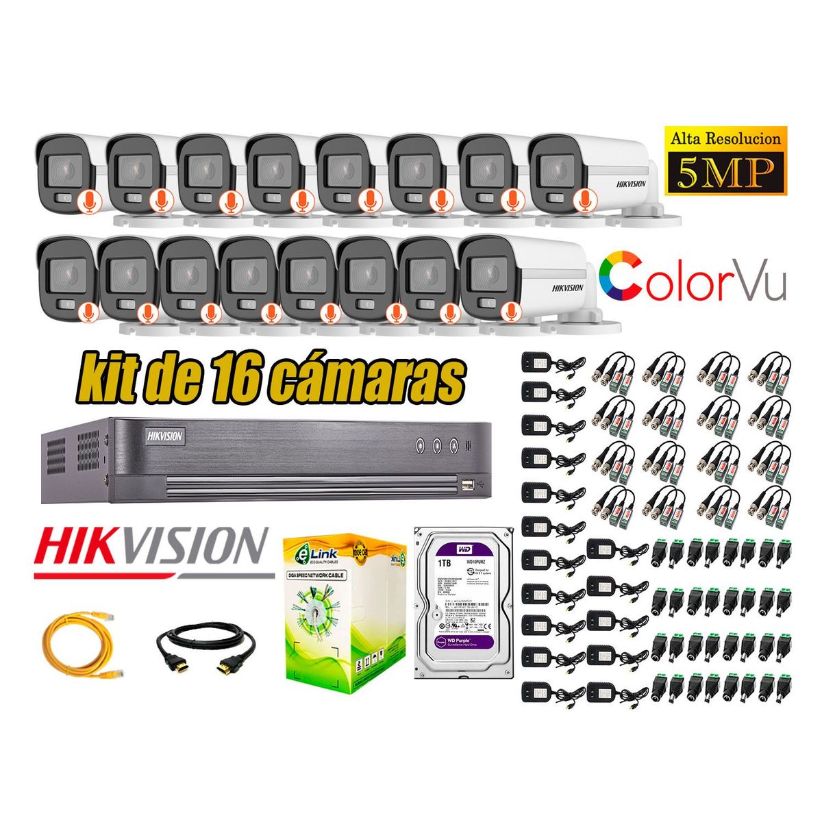 HIKVISION - CÁMARAS SEGURIDAD EXTERIOR KIT 16  5MP + DISCO 1TB COLORVU