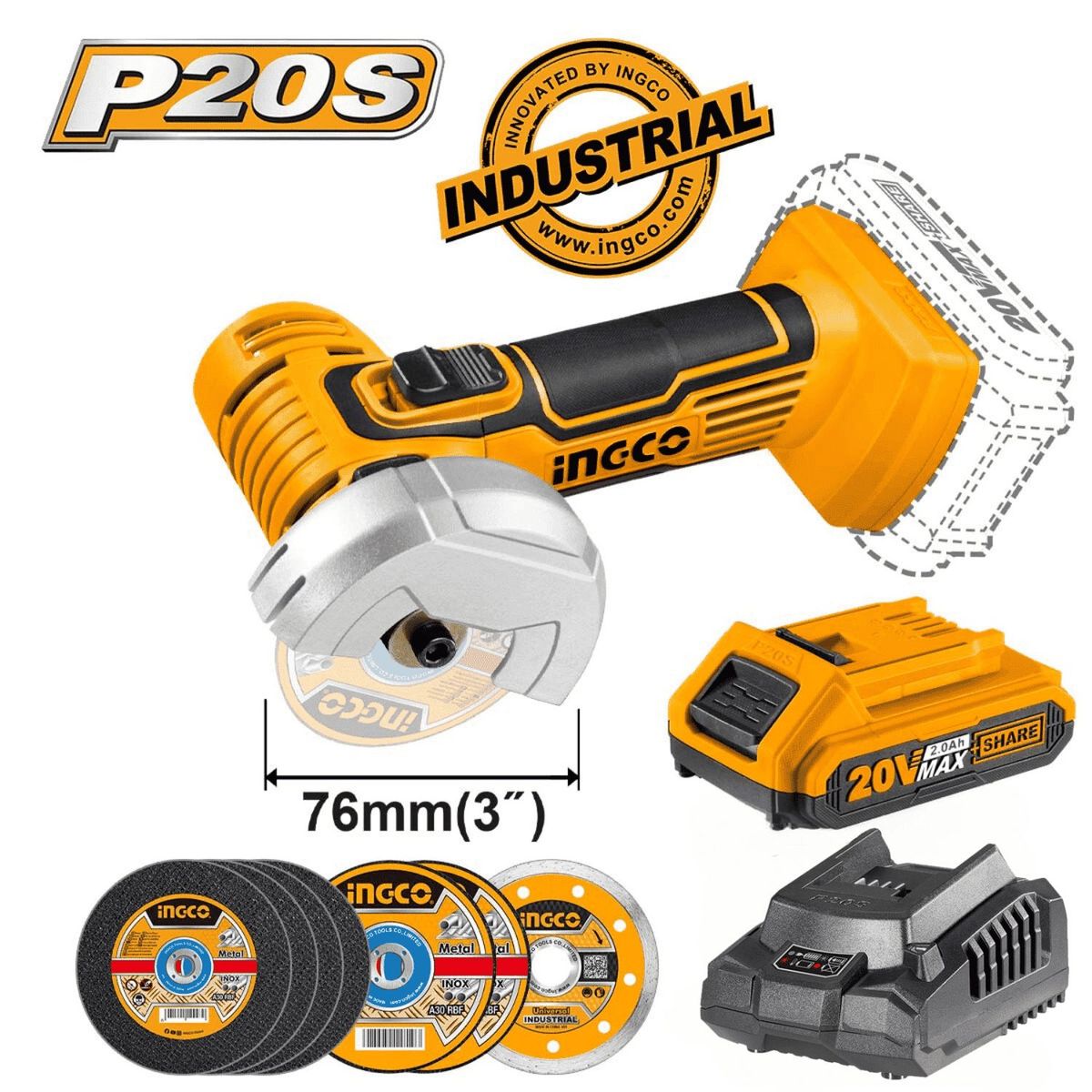 INGCO TOOLS - Amoladora angular 20V + 7 discos + cargador + 1 bateria 2ah Ingco