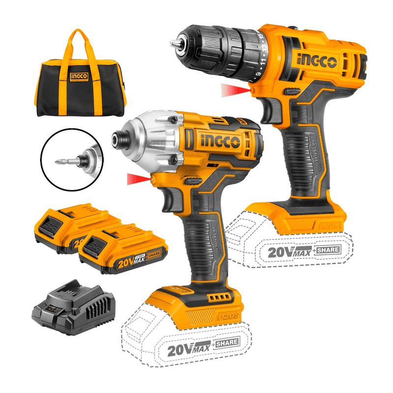 INGCO TOOLS - Kit Taladro Atornillador De Impacto Inalambrico 20v Ingco