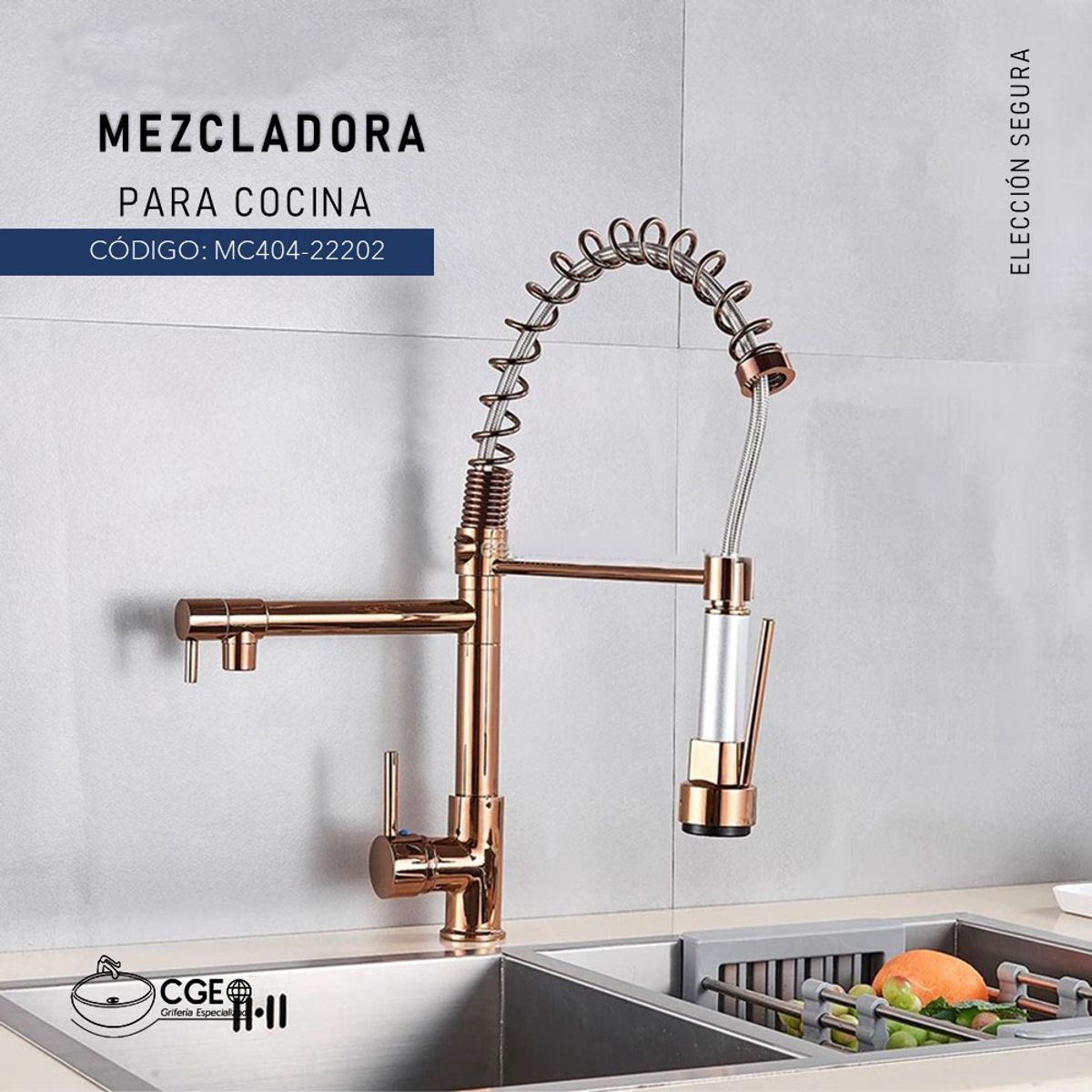 IMPORTADO MC - MEZCLADORA DE COCINA CON DOBLE SALIDA RESORTE ROSA GOLDEN