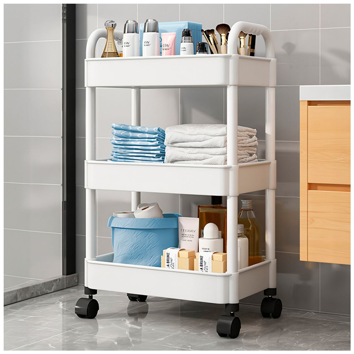 KELLER - Carrito Organizador Estante 3 Niveles con Colgadores y Ruedas para Baño JK3 BL