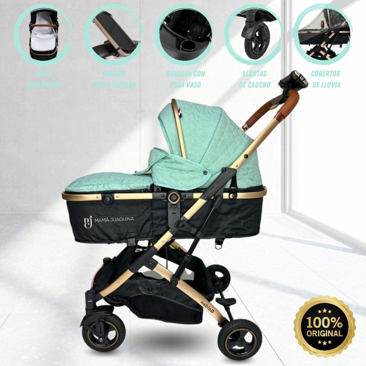 HI BABY - Coche Moisés Francés de Lujo «GOLDEN» Edición Limitada Menta