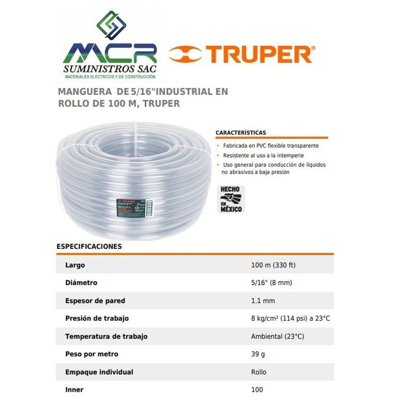 TRUPER - Manguera industrial transparente 5/16" rollo 100 metros 19866 Truper