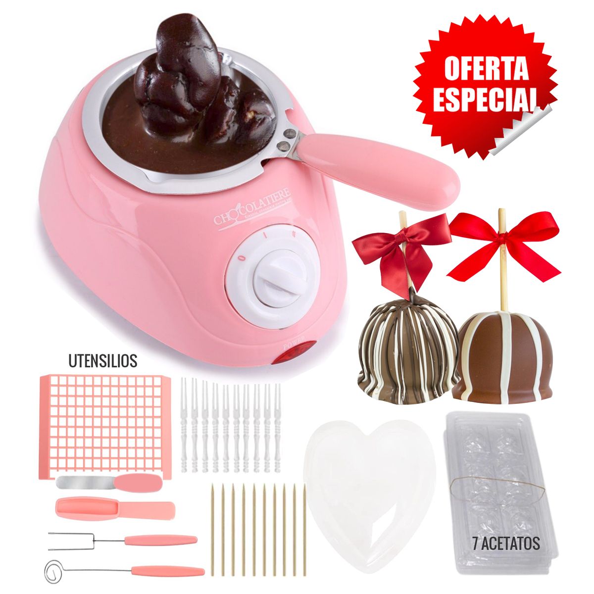 GENERICO - Kit Olla Chocolatera Eléctrica Rosada + Utensilios + 7 Acetatos