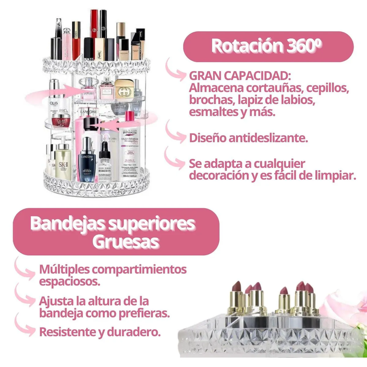 GENERICO - Organizador de Maquillaje Acrílico Giratorio 360 Grados