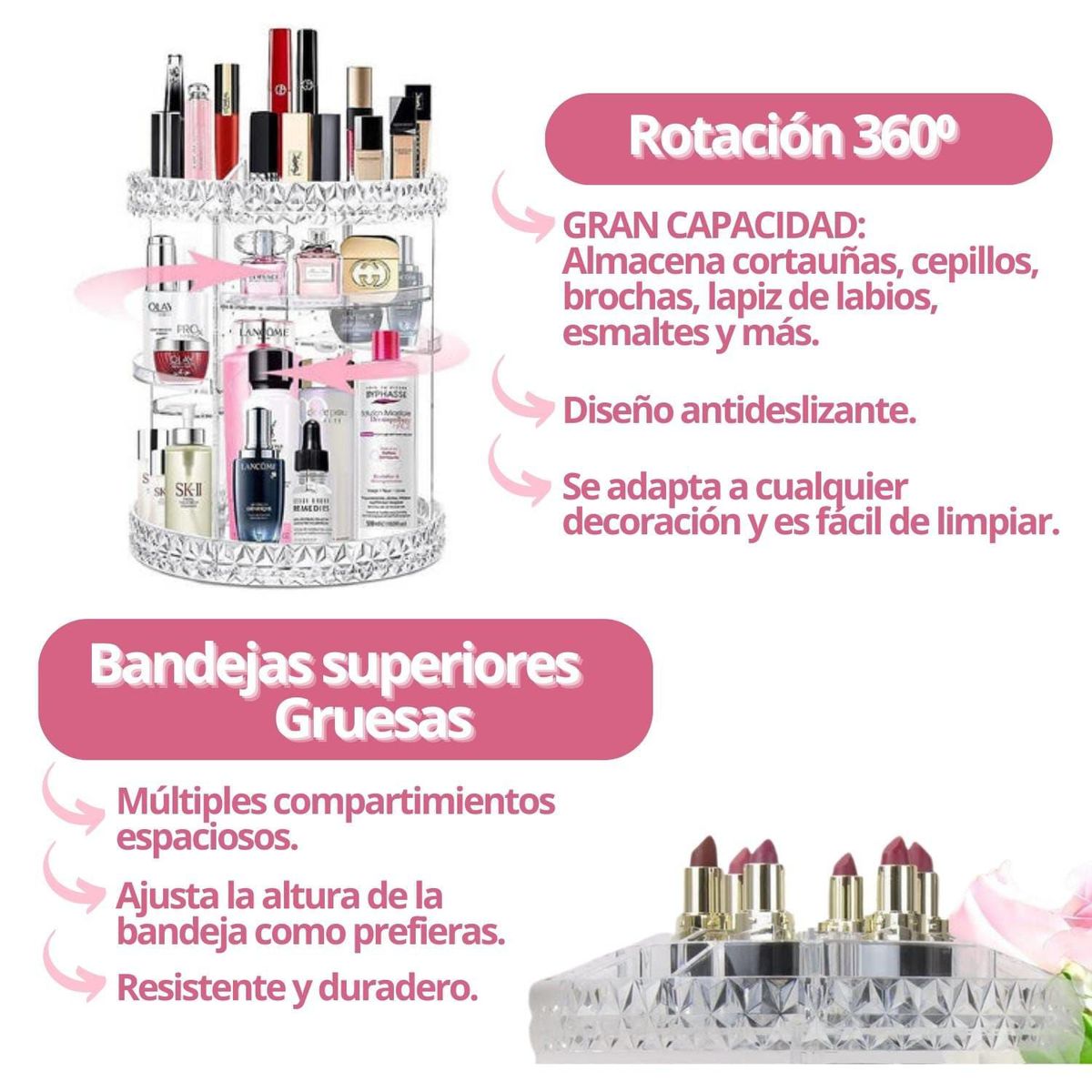 GENERICO - Organizador de Acrilico Giratorio 360 Grados para Maquillaje