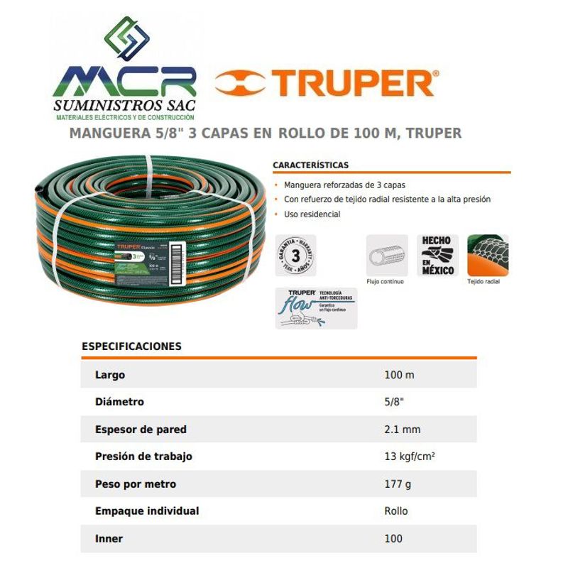TRUPER - Manguera reforzada de 3 capas 5/8" rollo 100 metros 19858 Truper