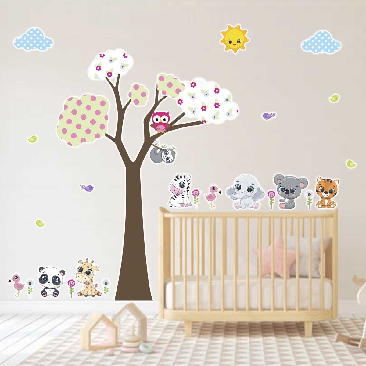 GENERICO - Vinilo Infantil Arbol rosa animales kawai decoracion para niñas