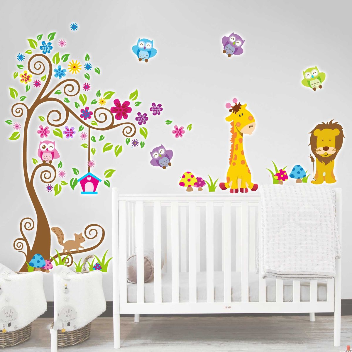 GENERICO - Vinilo Infantil Arbol floreado con buhos decoracion para niñas