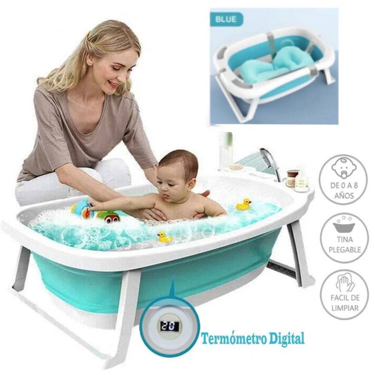 GENERICO - Bañera para Bebé Portátil Con Termometro Azul
