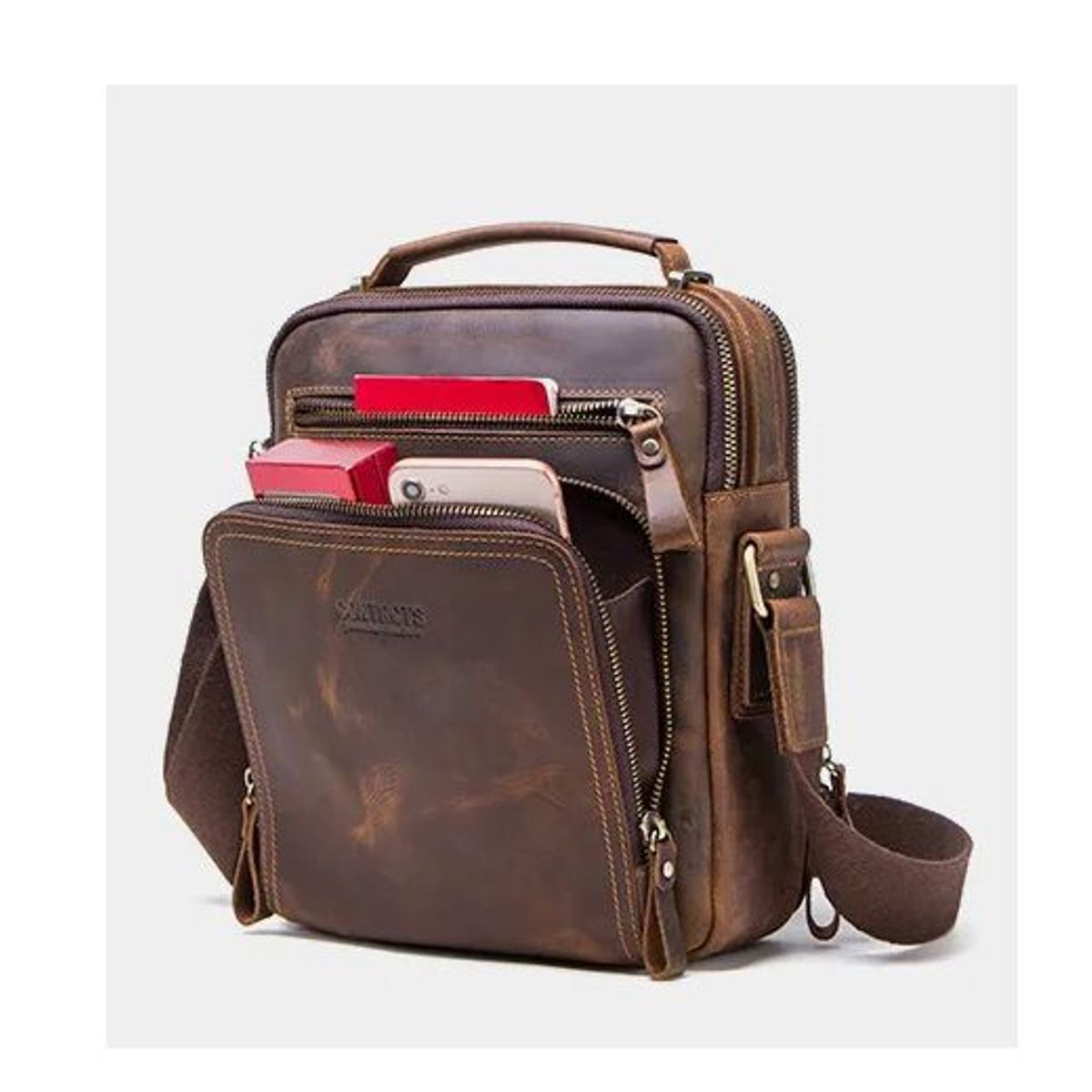 CONTACTS - Morral de Hombro de Cuero Genuino Contacts Marron para Caballeros