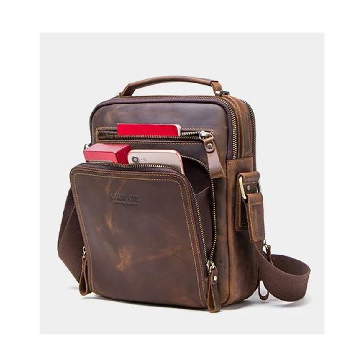 CONTACTS - Morral de Hombro de Cuero Genuino Contacts Marron para Caballeros