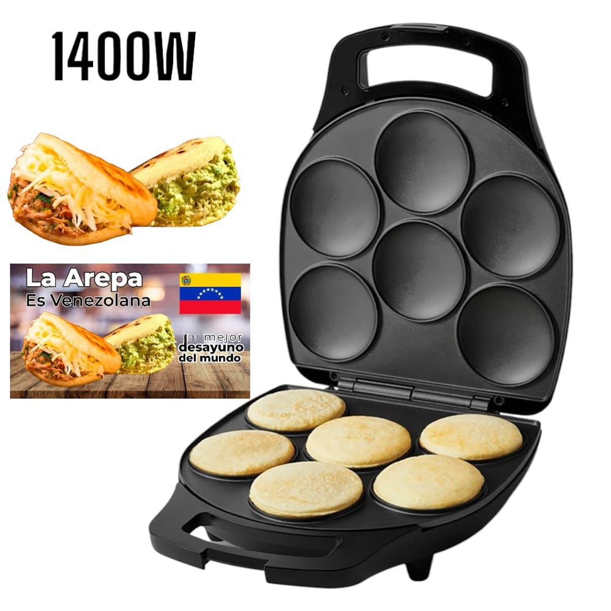 OEM - Tostiarepa Máquina para Hacer Arepas Muffin 1400Watts hasta 6 a la Vez