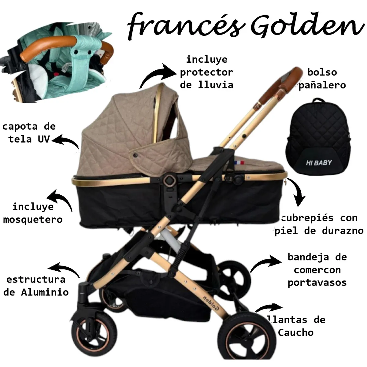 HI BABY - Coche Moises Frances Golden  Beige