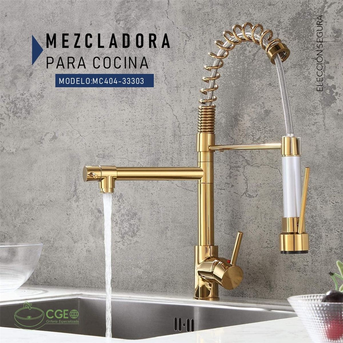 GENERICO - MEZCLADORA DE COCINA CON DOBLE SALIDA RESORTE DORADO