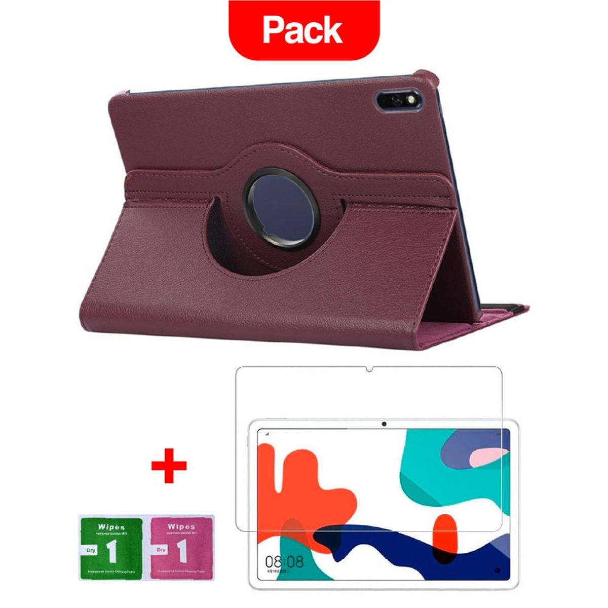 GENERICO - Combo Funda para Huawei T3 Lite 10 Giratoria Morado + Mica Resistente