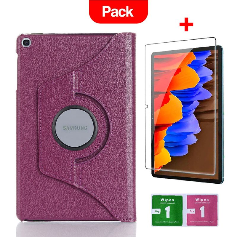 GENERICO - Combo Funda de Samsung Tab E  T560 Giratoria Morado + Mica Resistente